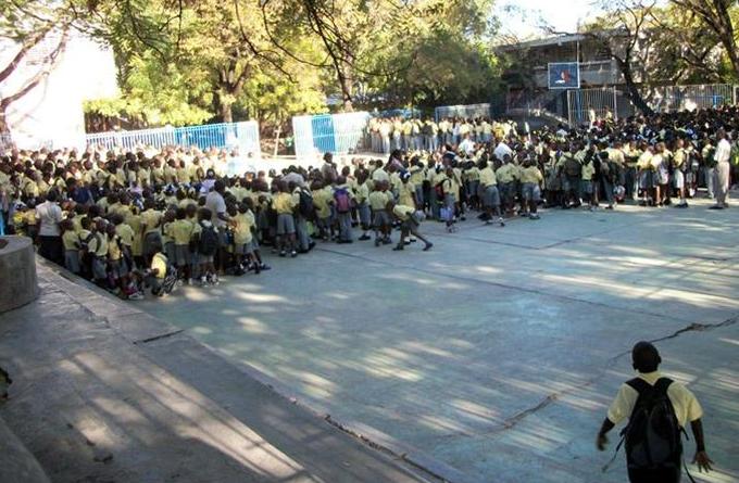 school children assembled outside